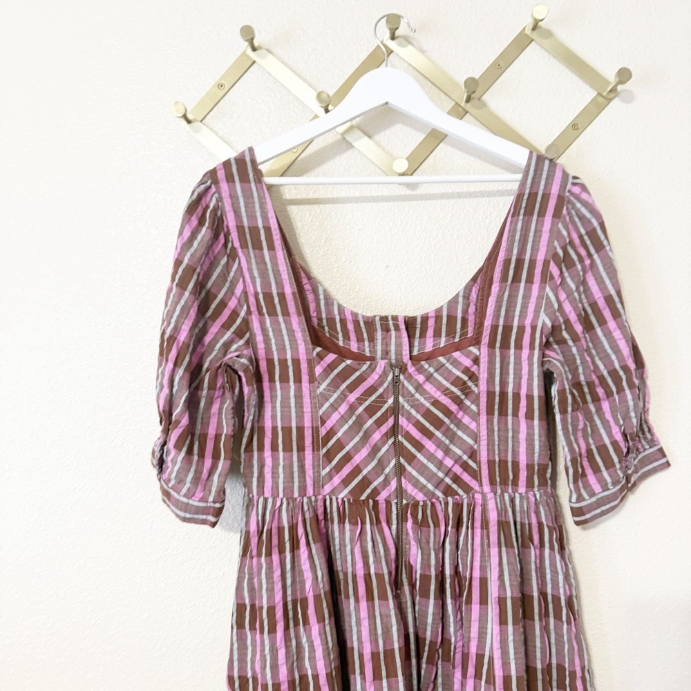 NEW Free People Tulie Plaid Midi Button Front Puff Sleeve Dress Pink Brown Combo - Picture 7 of 10